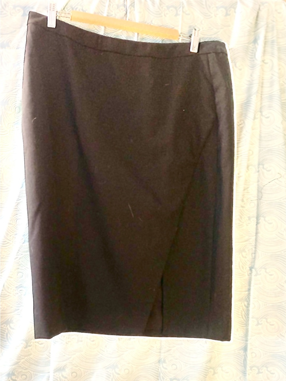 Garnet Hill Asymmetrical-Slit Black, Wool Pencil Skirt